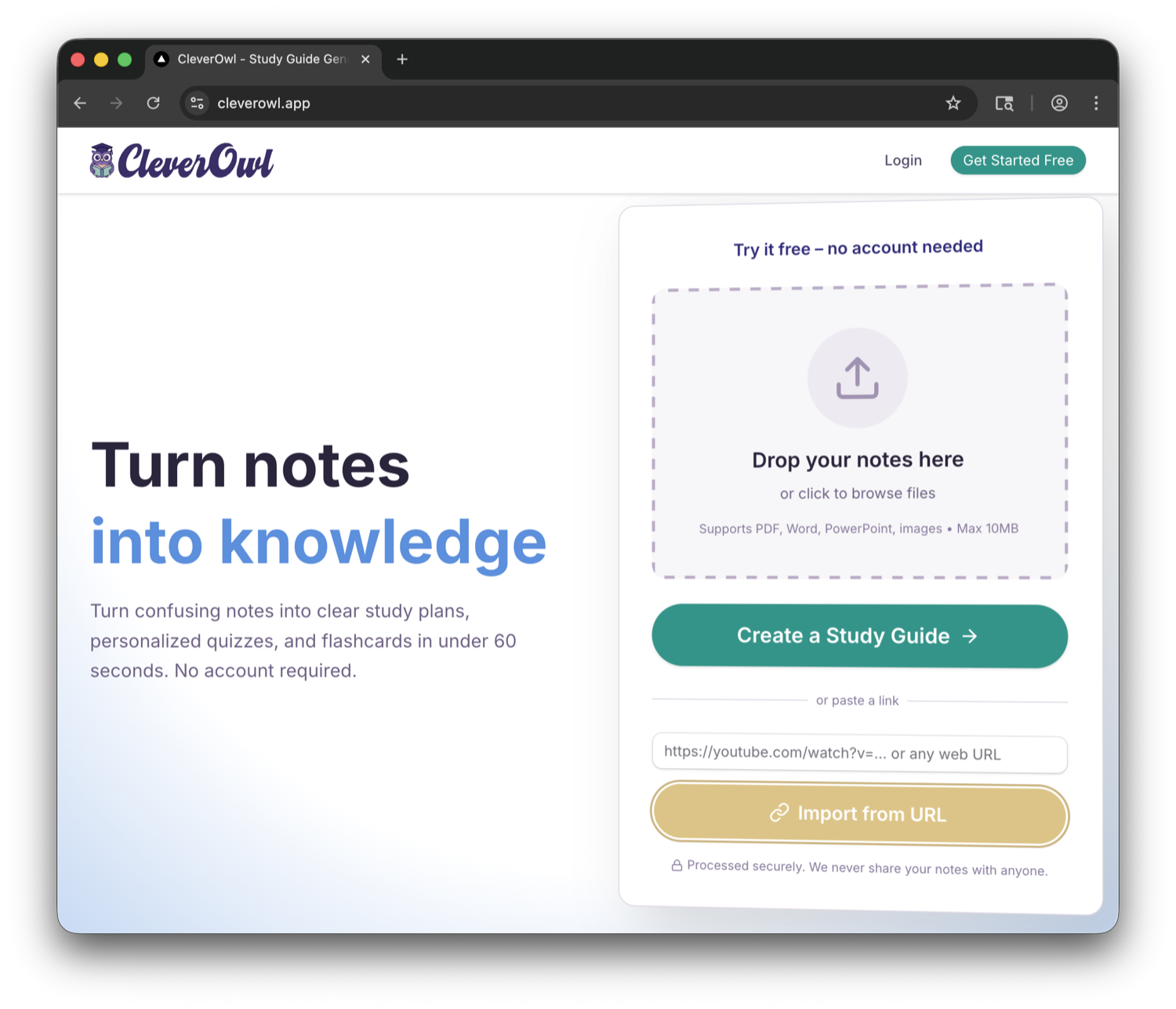 CleverOwl landing page showing the study guide generator upload experience